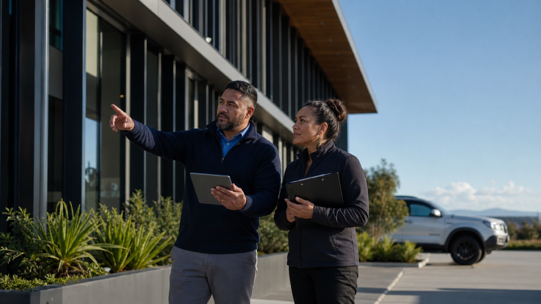 Māori property services professionals inspecting a commercial building