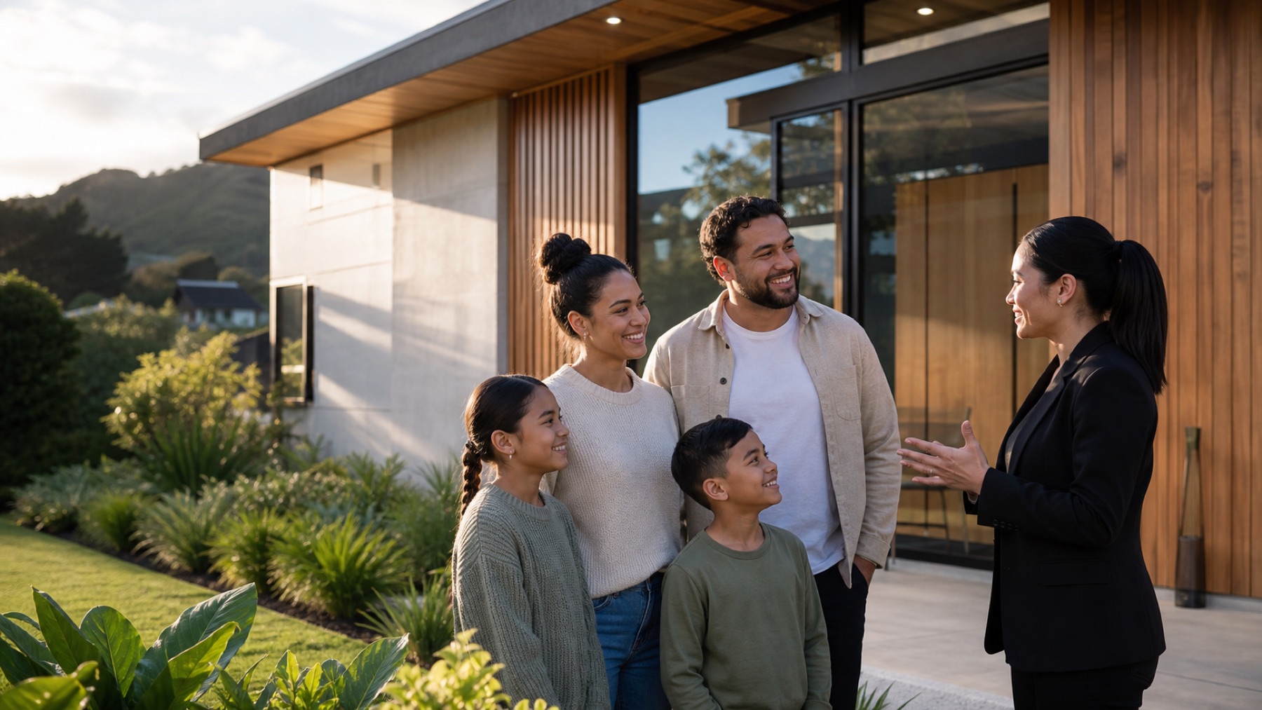 Māori whānau and property professional outside a modern New Zealand home